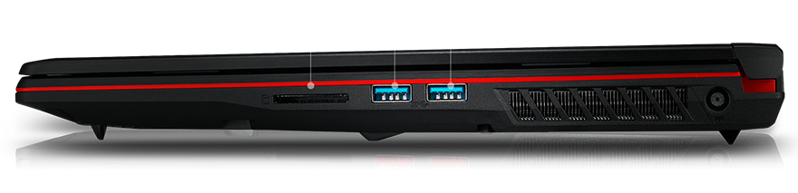 side view of a closed MSI GL63 Gaming Laptop, showing off its SD slot, and two USB 3.1 slots