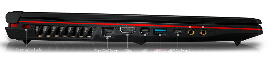 side view of a closed MSI GL63 Gaming Laptop showing off its kensington lock slot, killer ethernet port, HDMI, mini DisplayPort, USB 3.1 port, USB 3.1 Type-C port, headphone out and mic in ports
