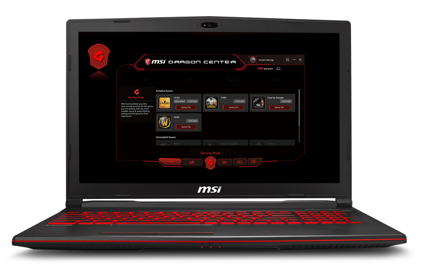 MSI GL63 Gaming Laptop open facing forward with the MSI Dragon Center software window open