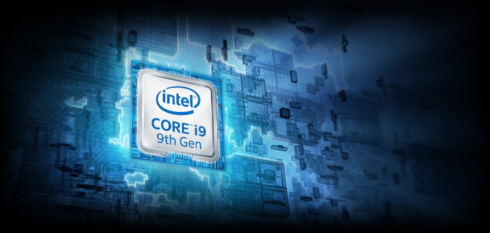 Intel Core i9 9th Gen Badge Angled to the Right on a Glowing Chipset Graphic in Blue