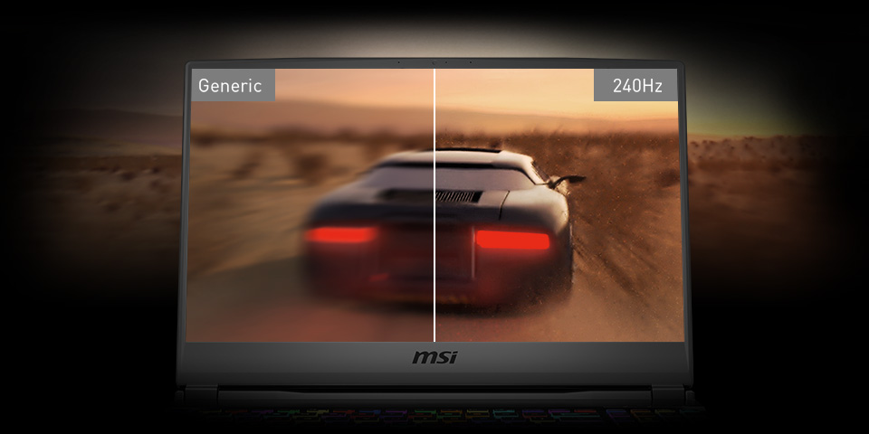 Gigabyte GE63 Raid Gaming Laptop Screen Split Down the Middle, with Blurry Generic quality on the left and crisp 240Hz on the right of an image of car racing through the desert