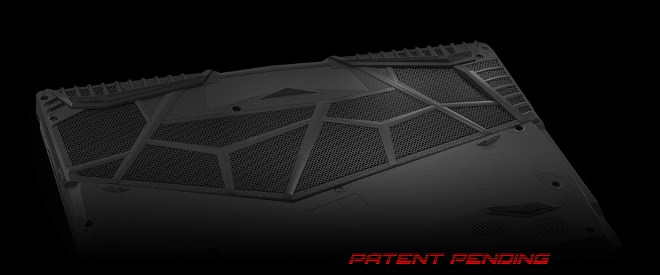 Gigabyte GE63 Raid Gaming Laptop's Bottom Side with Vents and Red Graphic Text That Reads: PATENT PENDING