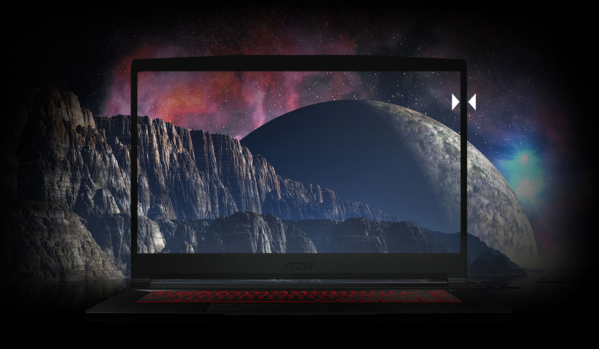Thin Bezel Gaming MSI Laptop with Its Display Blending with a Planet's Canyon in Space Next to Another Planet and Colorful Pink and Blue Nebulae