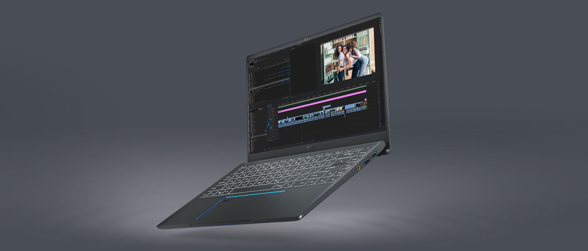 Prestige 15 Opens Widely and Angled to Left A Little with Video Editing on Its Screen