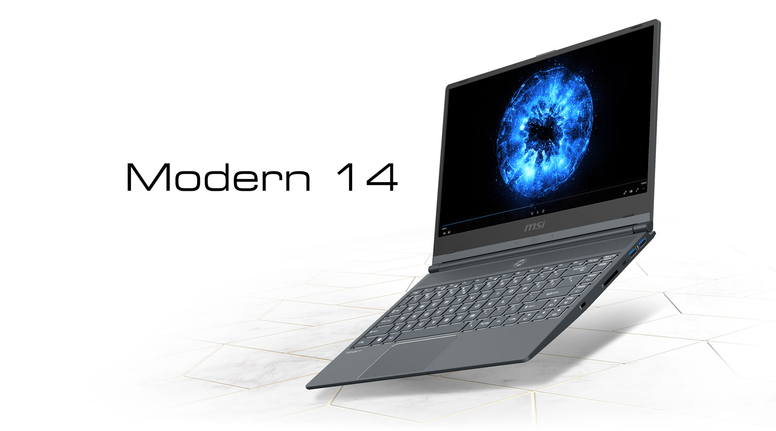 Modern 14 Laptop Widely Open and Angled to Left a Little, with Blue Aspects Video Playing on Its Screen. Text on Its Left Reads: Modern 14