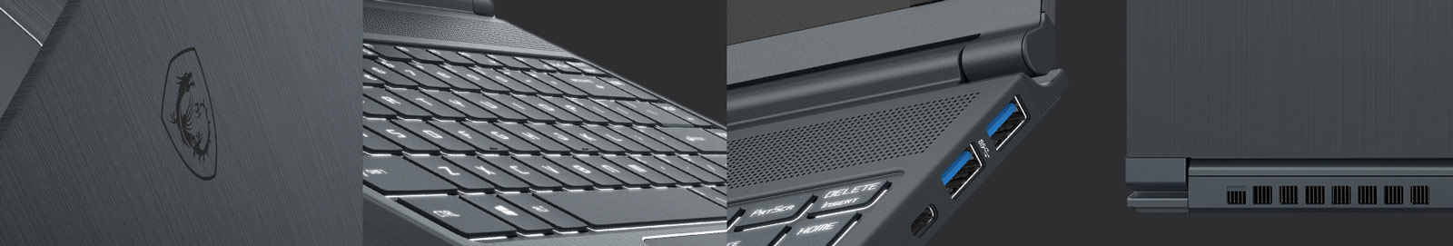 Four Angles of View about Modern 14's Details: Back Cover, Keyboard, USB Ports and Exhaust Vents