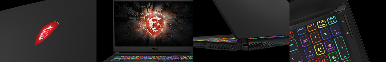 Four Different Views to Show MSI GL75: Front Cover, Screen, Exhaust Vents and Keyboard