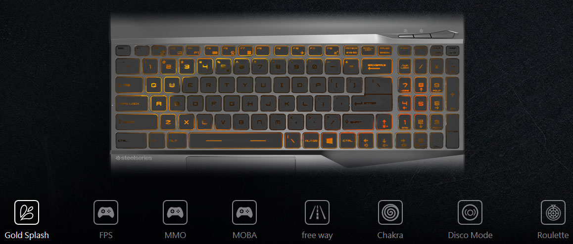 Top view of the keyboard with a ripple lighting effect. Below it are multiple lighting modes   