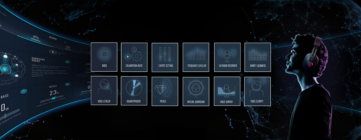  At the right of the picture is the profile of man wearing a headset. In the middle of the picture are icons of various settings. The background is a starry sky  