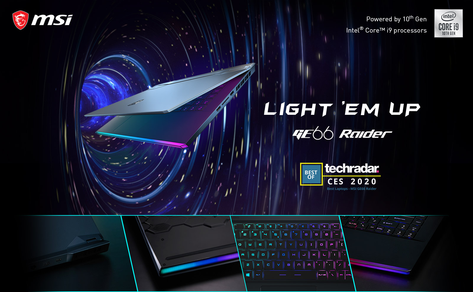 Hero Image: The text says: LIGHT 'EM UP - GE66 RAIDER. Below it there are four different details view.