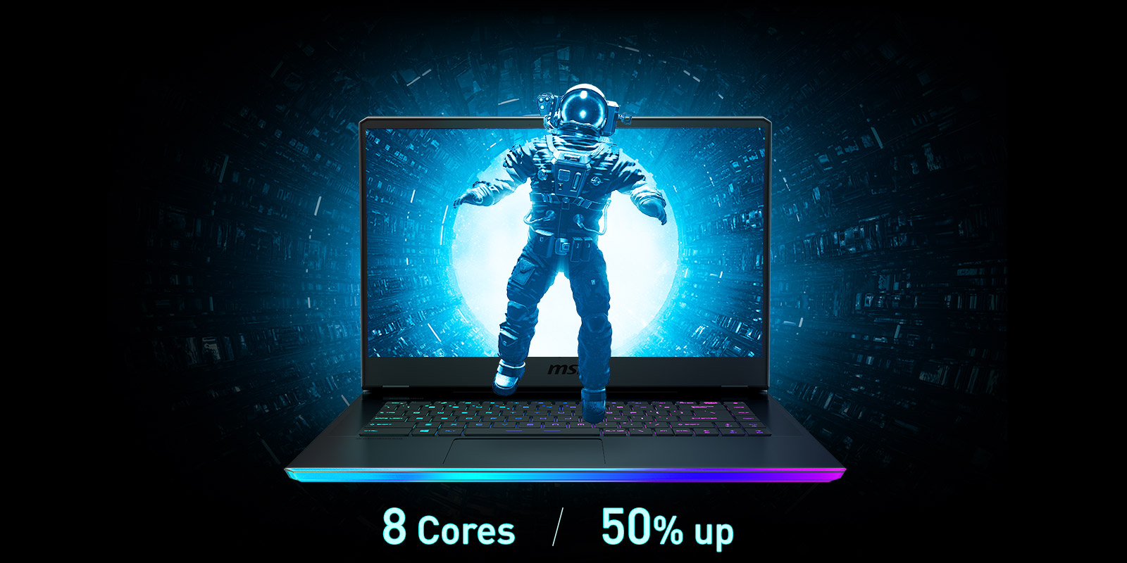 An astronaut is coming out from laptop screen. Text below says: 8 Cores / 50% Up