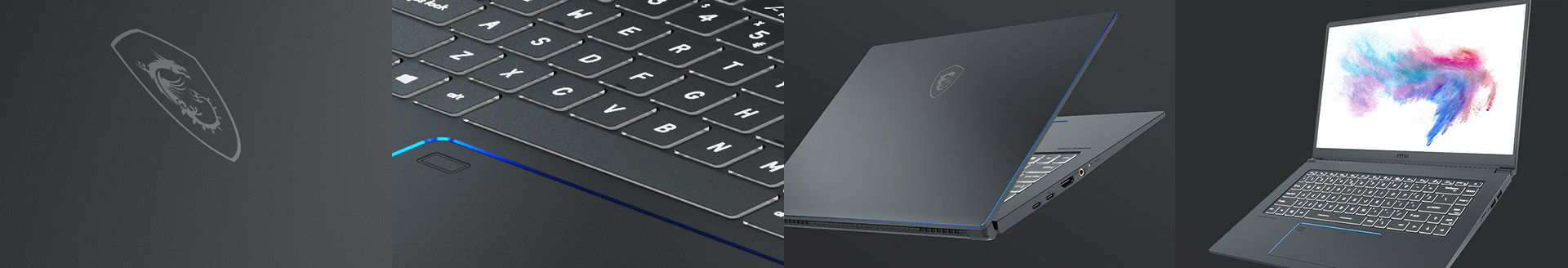 Four Different Views to Show MSI Prestige 15: Front Cover MSI Logo, Keyboard Detail, Side Looking with USB ports and Screen