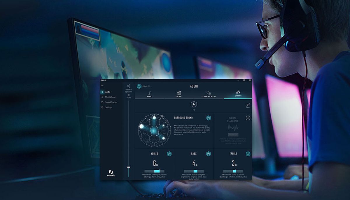 The Nahimic 3 software window in front of a gamer with a headset playing on a monitor and desktop PC