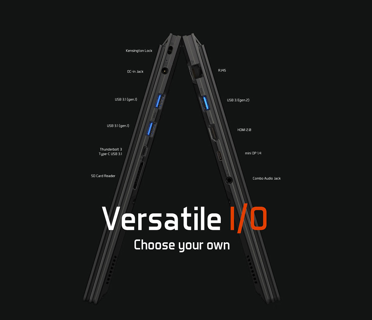AERO 15 Gaming Laptop open and standing on its screen and bottom, showing its side profile. There is text indicating the following features and ports on the sides of the laptop: SD Card Reader, Thunderbolt 3 Type-C USB 3.1, USB 3.1 (gen 1), DC-in jack, Kensington lock, RJ45, USB 3.1 (gen 2), HDMI 2.0, mini DP 1.4 and Combo Audio Jack. There is also text at the forefront that reads: Versatile I/O Choose your own