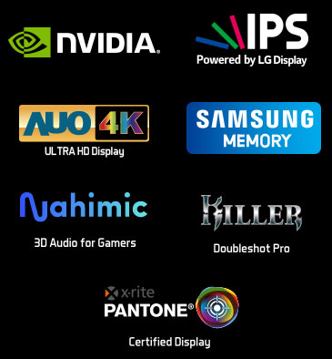 Logos for NVIDIA, IPS powered by LG Display, AUO 4K Ultra HD Display, Samsung Memory, Nahimic 3D Audio for Gamers, Killer Doubleshot Pro and x-rite PANTONE Certified Display