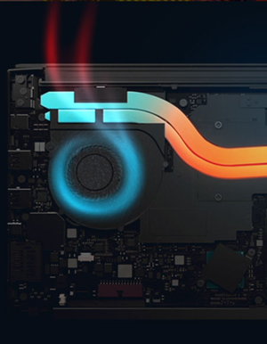 The bottom of the Aero 15 Gaming Laptop with the panel removed to show how the cooling system works within