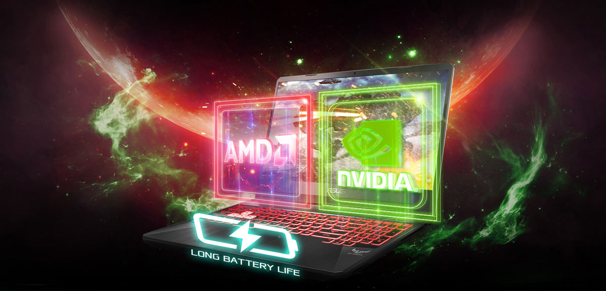   An opened ASUS TUF Gaming FX505 laptop, with logos of AMD and NVIDIA in front of the screen, with an icon of long battery life at the touchpad, and with a planet and nebula in the background.