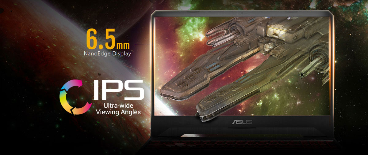 Front view of the ASUS TUF Gaming FX505 screen, with a space ship on the screen and some Galaxy in the background