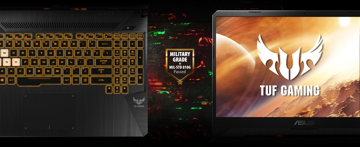 On the left is the top view of a backlit keyboard, in the middle is a shield logo with texts within reading as “Military Grade MIL-STD 810G Passed”, and on the right is the front view of the laptop screen which shows the logo of “TUF Gaming”