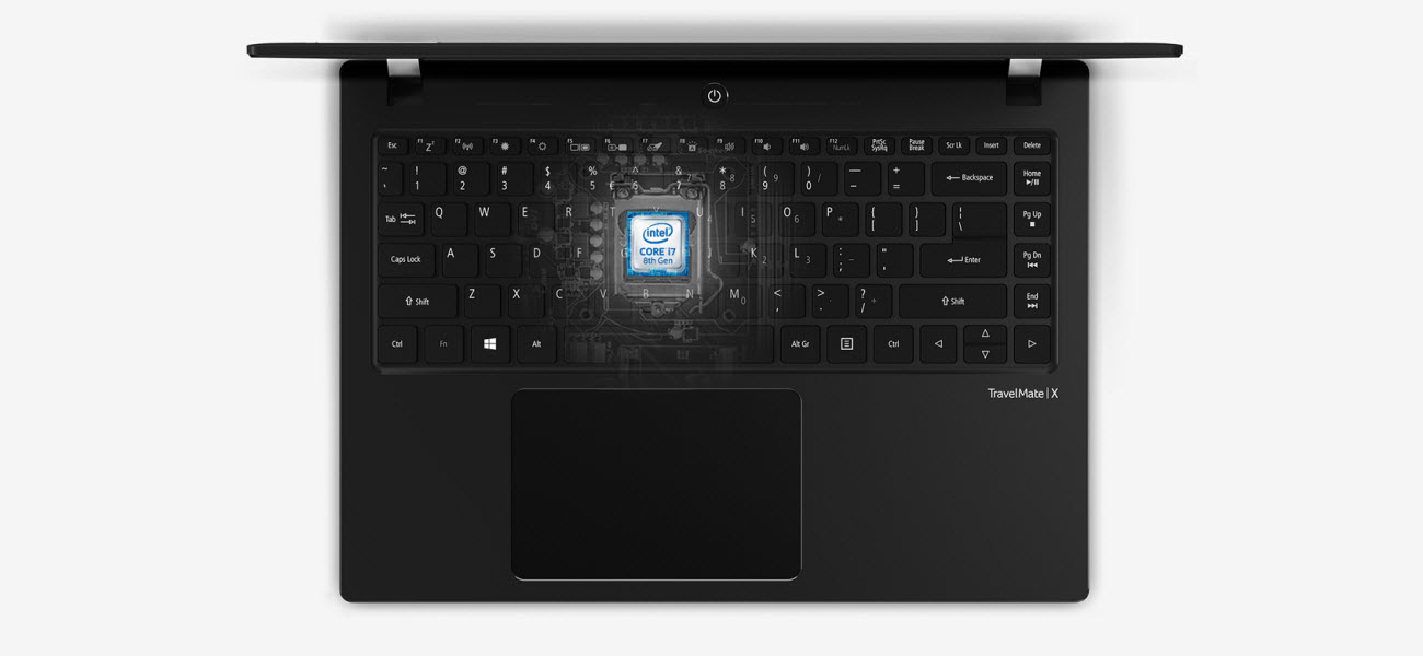 Overhead View of an Acer TravelMate Laptop with a Transparent Graphic Revealing the Intel Core 7 8th Gen CPU Inside