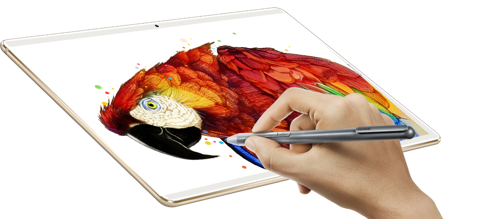 HUAWEI MediaPad M5 showing a digital painting of a parrot that a hand with a pen is working on