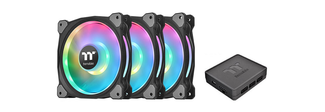 three Riing Duo 12 RGB fans beside the controller box