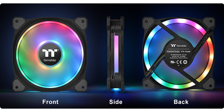 front, side, and back views of dual RGB rings