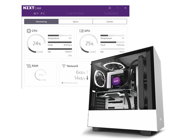 interface of CAM beside a NZXT whtie tower case