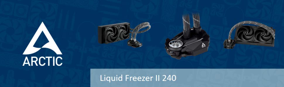 Four parts in the images, from left to right: Arctic logo, liquid cooler angled to the right, detail view of the pump assembly, and front view of the liquid cooler.