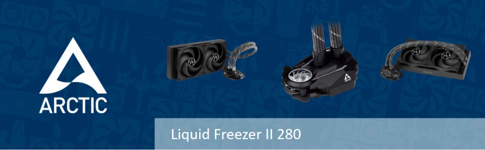 Four parts in the images, from left to right: Arctic logo, liquid cooler angled to the right, detail view of the pump assembly, and front view of the liquid cooler.