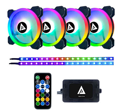 Four 120mm Twilight ARGB Fans,Two Color-Changing Magnetic LED Strips, 4-pin Control Box and RF Remote are on display.