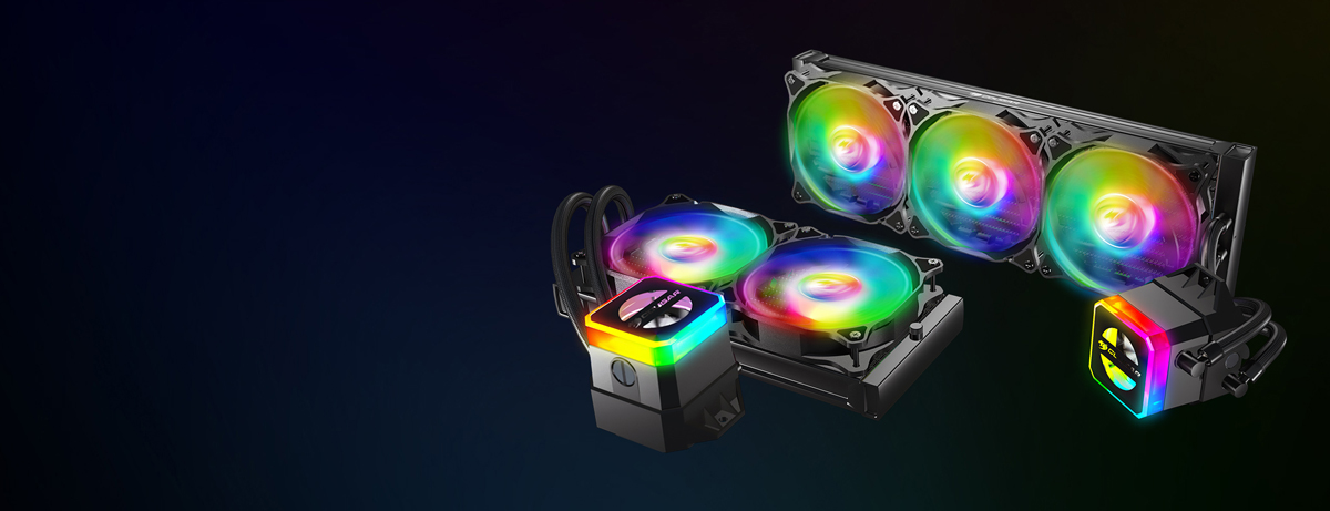 Two COUGAR Helor liquid ARGB CPU coolers with one having two fans and the other having three fans