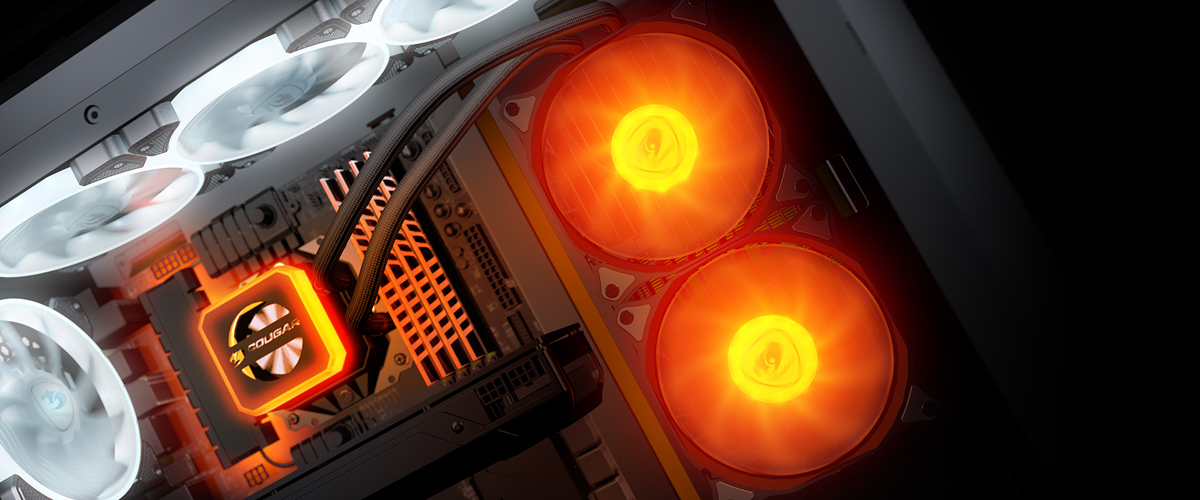 The liquid CPU cooler is installed in a case showing bright orange lighting effect