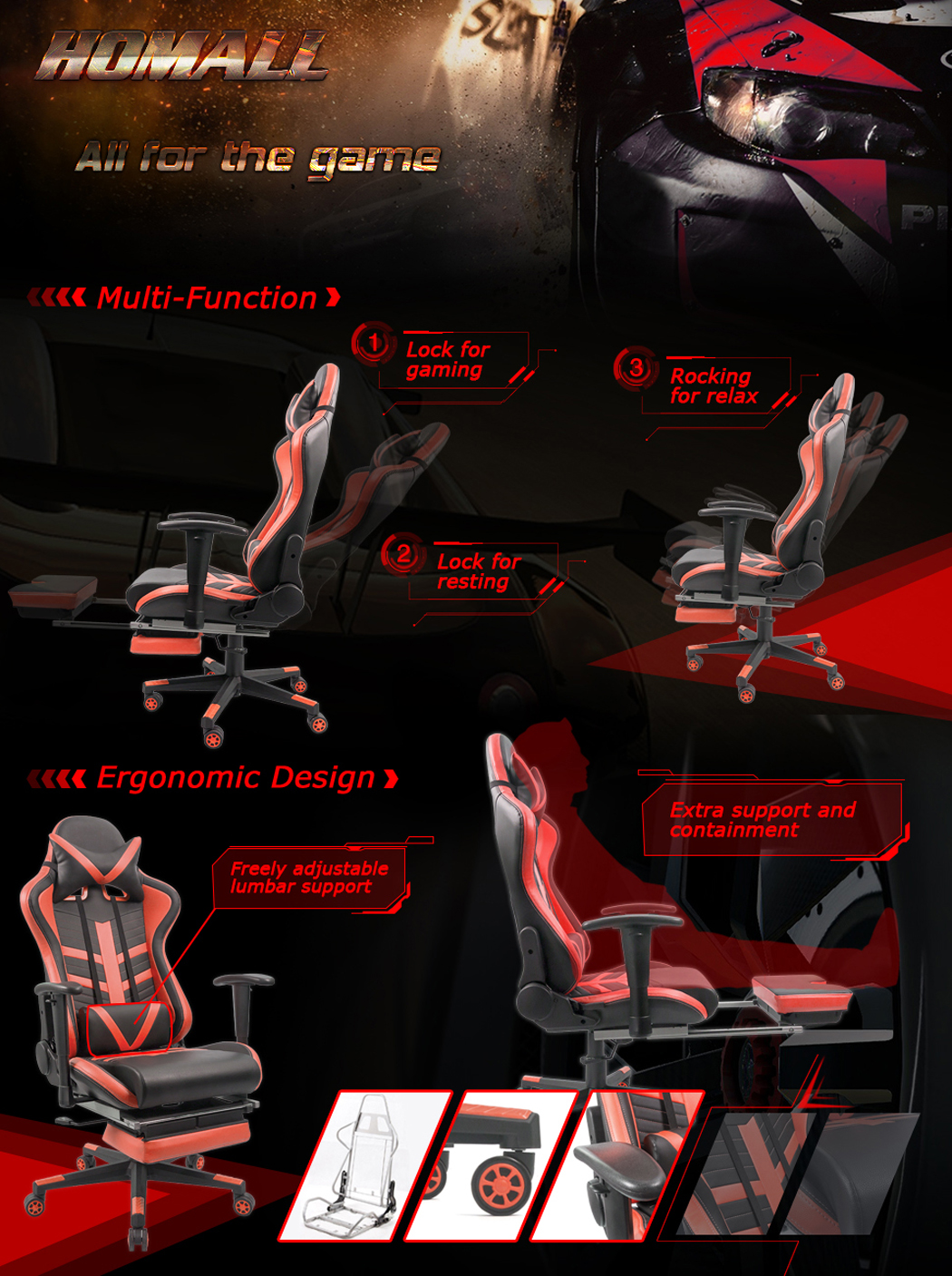 Homall Gaming Chair With Thickened Footrest Ergonomic Swivel Racing High Back Bucket Seat Premium Pu Leather Reclining Hydraulic Height Adjustment