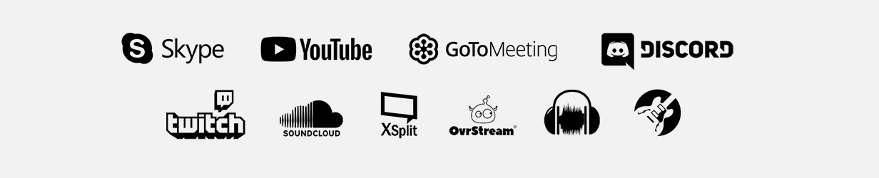 Banner with Skype, Youtube, GoToMeeting, Discord, Twitch, Soundcloud, XSplit, OverStream and GarageBand logos.