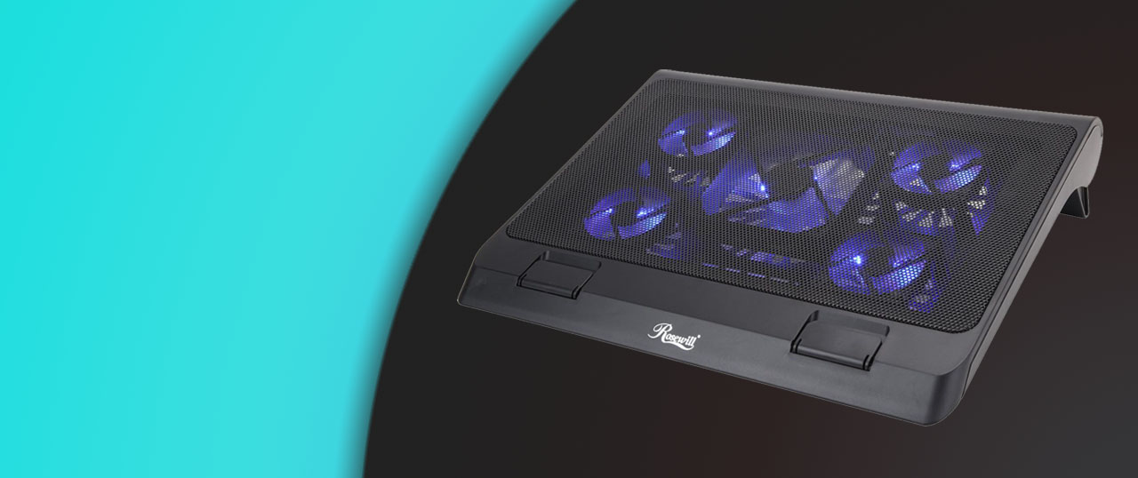 A laptop cooler with all its fans emitting blue light.