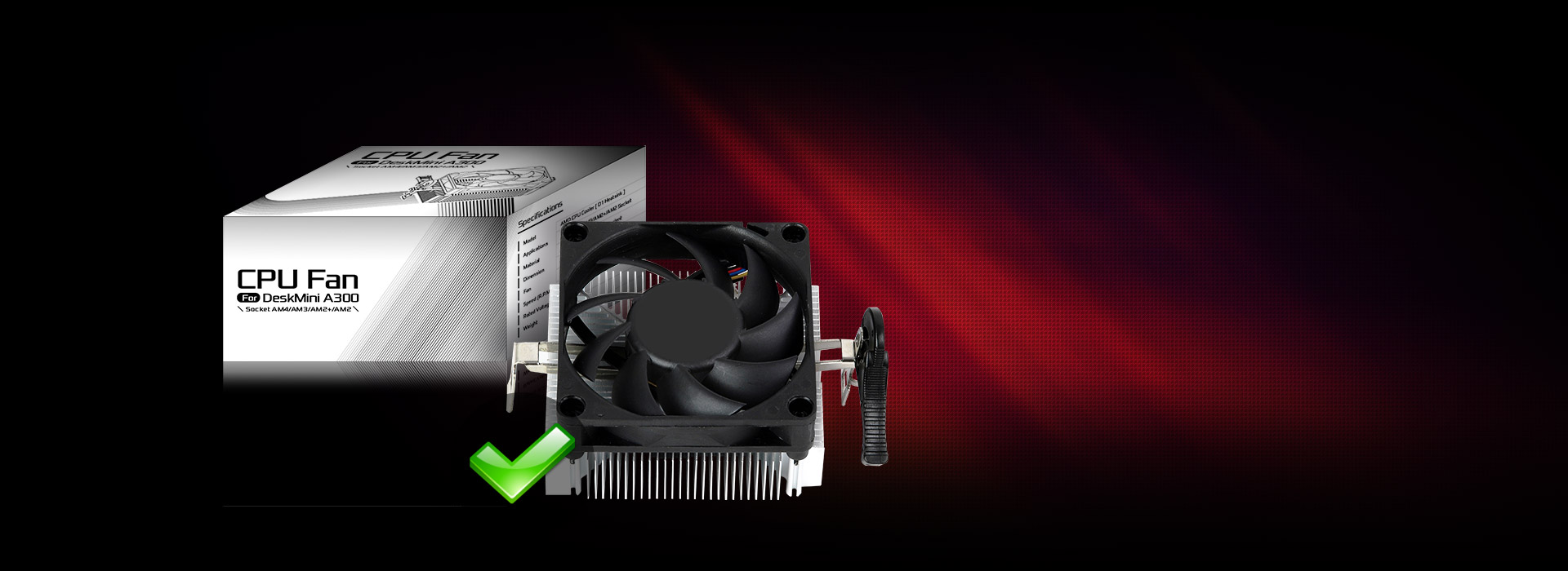 The DeskMini A300's optional CPU fan and its product box