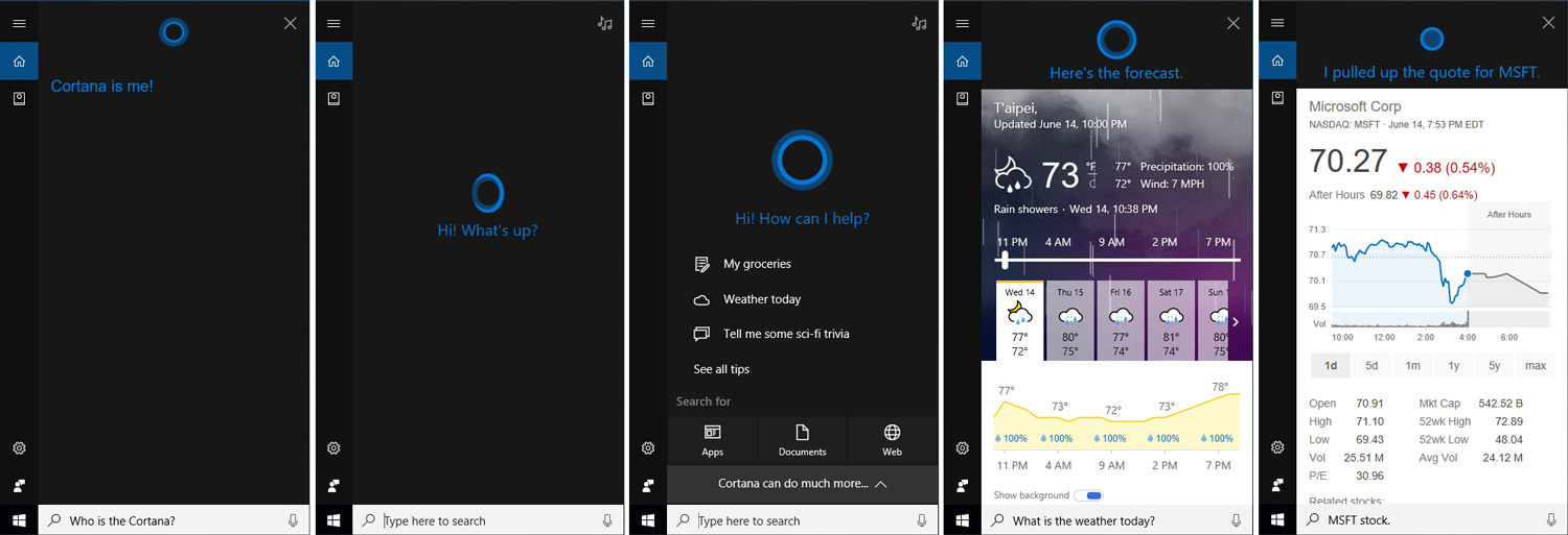 Windows 10 Cortana Software Window Examples
