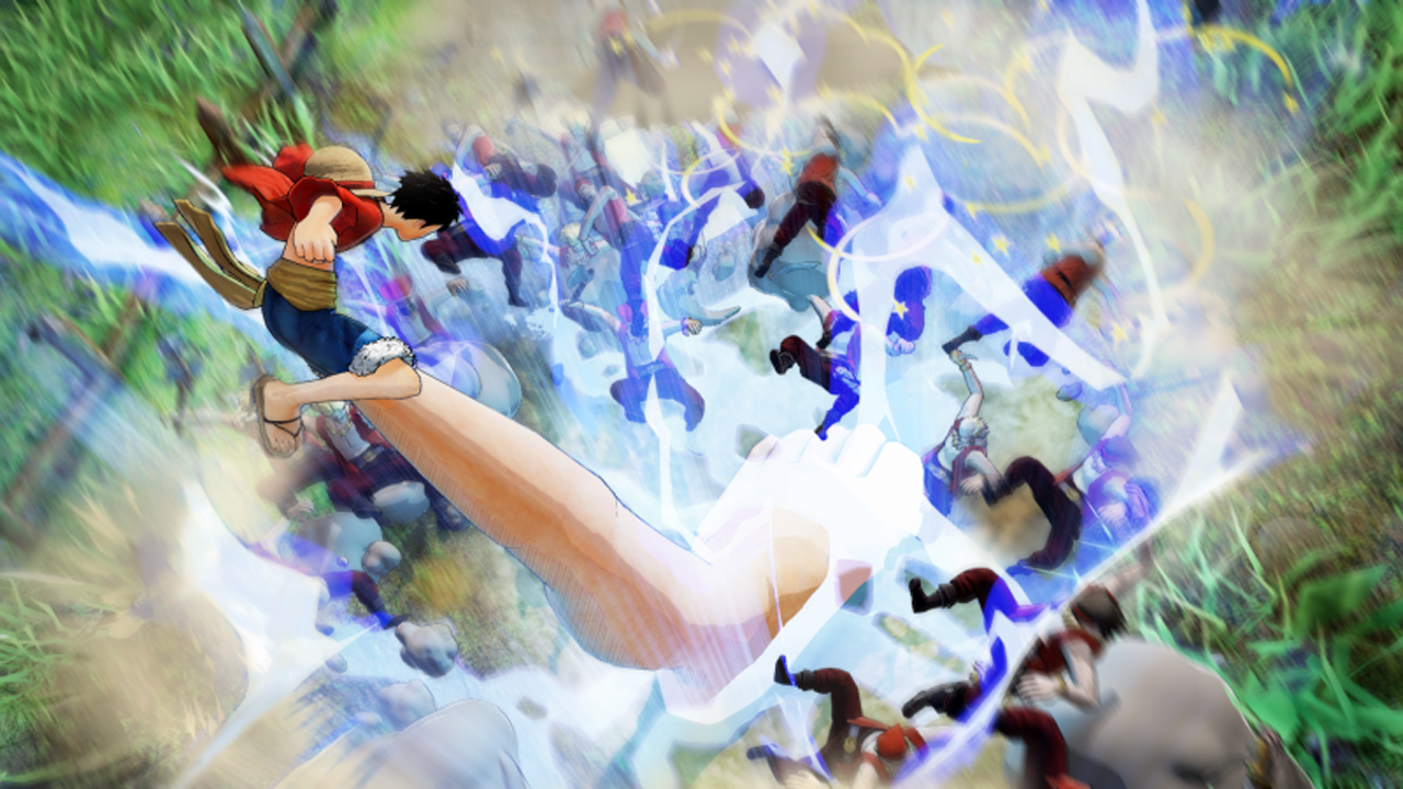 One Piece Pirate Warriors 4 Screenshot Showing Luffy Expanding His left Left to Attack and Defeat a Large Group of Enemies