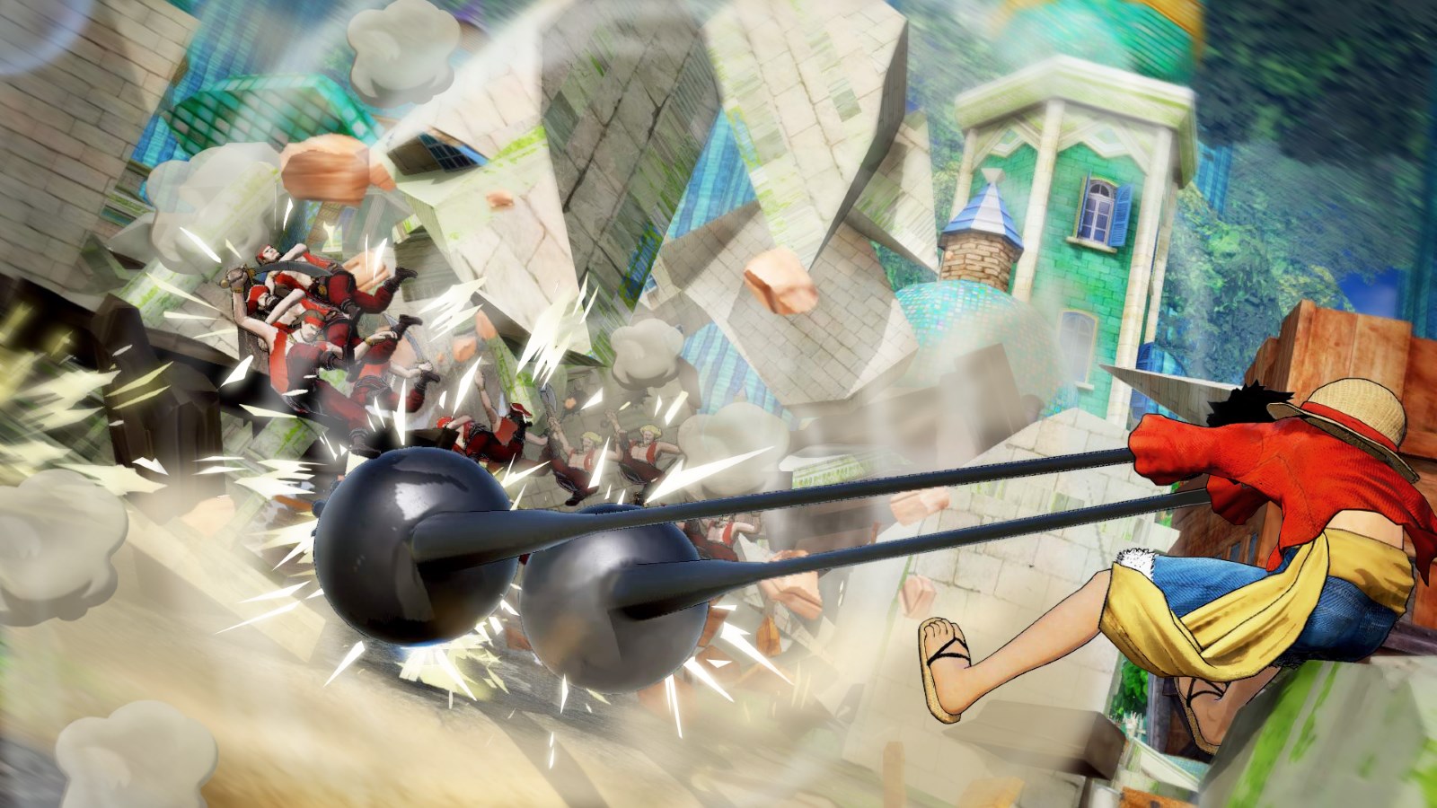 One Piece Pirate Warriors 4 Screenshot Showing Luffy Expanding His Arms Into Wrecking Balls to Knock Out a Bunch of Enemies while Destroying Part of a Castle Building