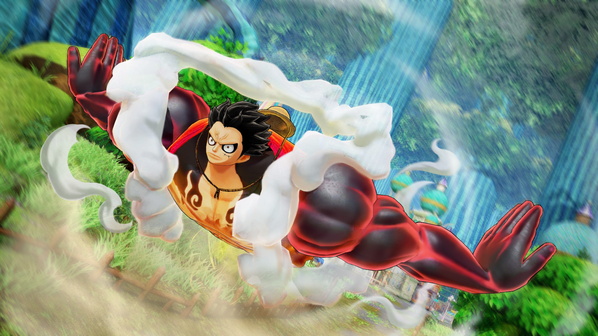 One Piece Pirate Warriors 4 Screenshot Showing a Powered-Up Luffy Flying Low to the Ground