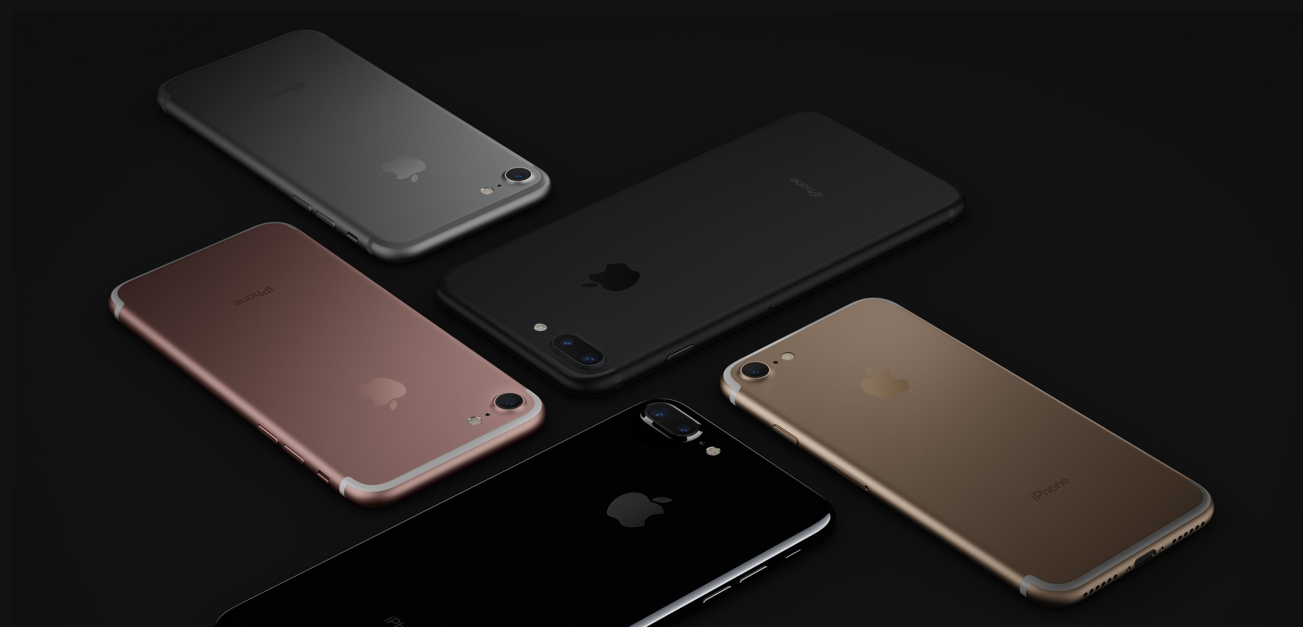 top view of iPhone 7 in silver, black, gold, jet black and rose gold