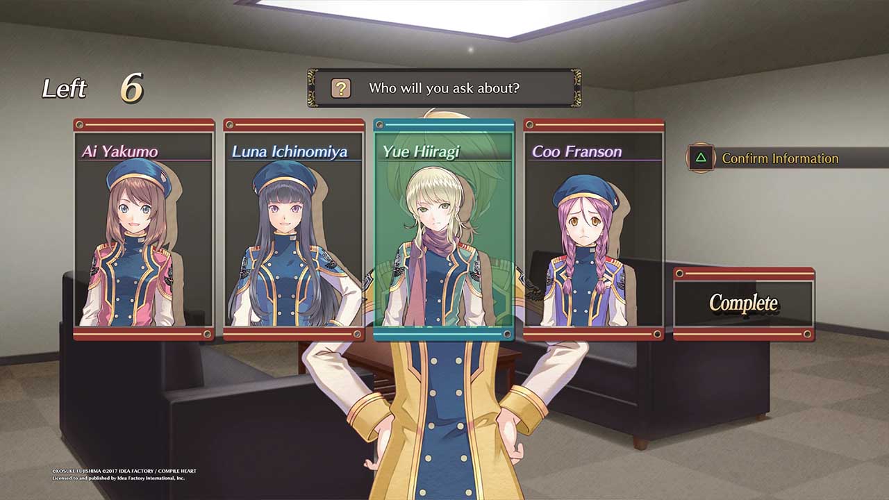 Screenshot of the social aspect of the game with Ai Yakumo, Luna Ichinomiya, Yue Hiragi and Coo Franson