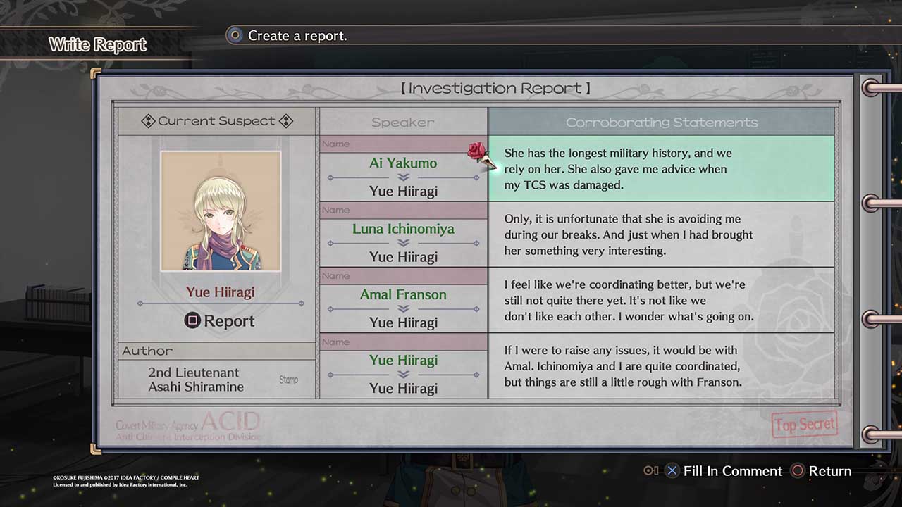 Yui Hiragi's Write Report in the game's pause screen