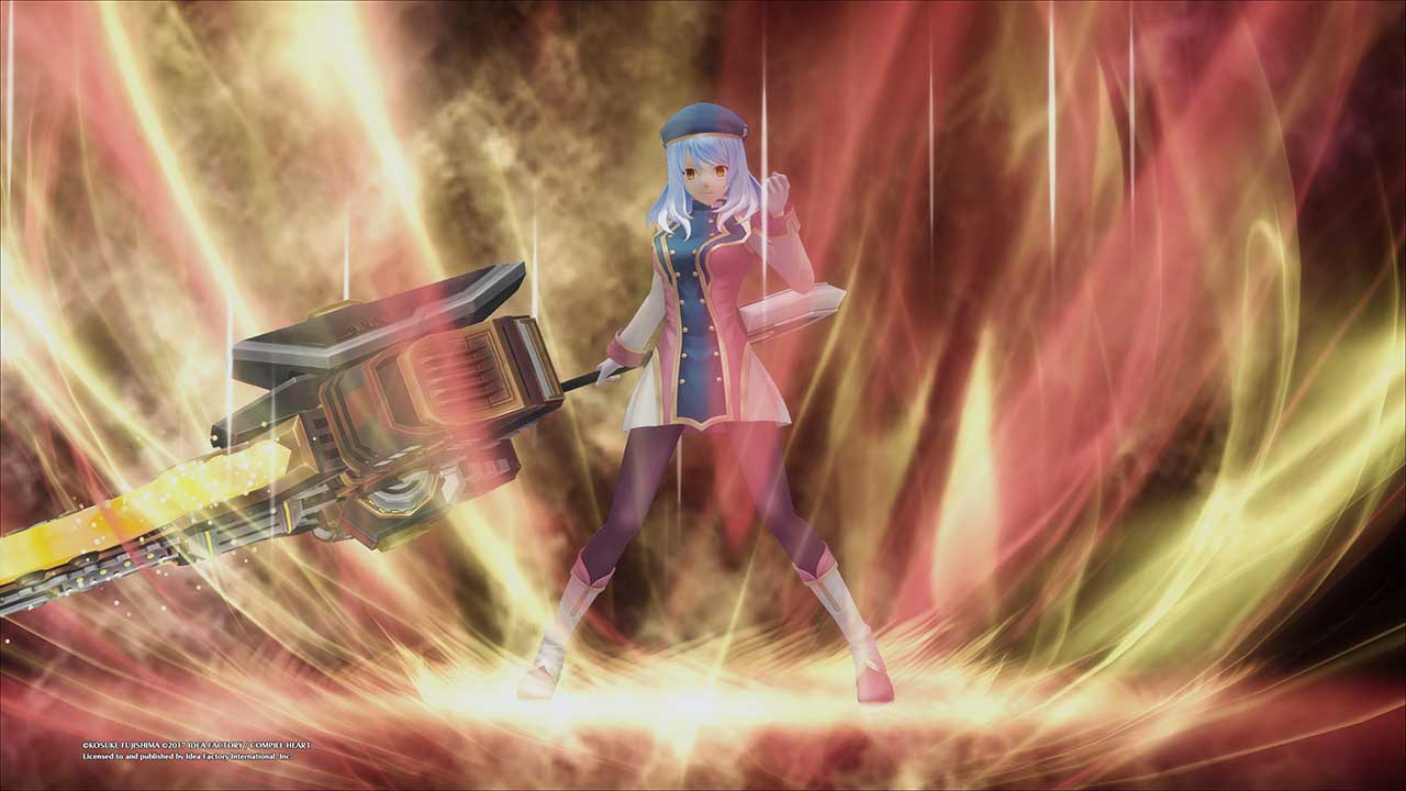a female character powering up with a large mechanical sword