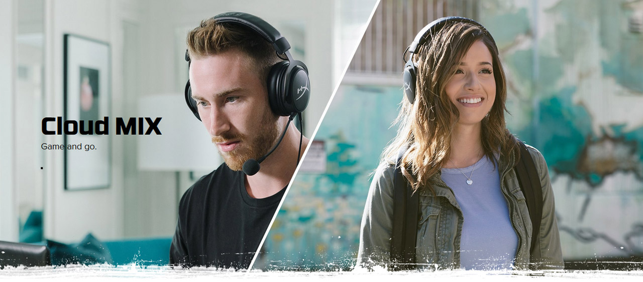Gordon Hayward and Pokimane wearing their HyperX headsets, Hayward is inside gaming and Pokimane is outdoors listening to music with her backpack on