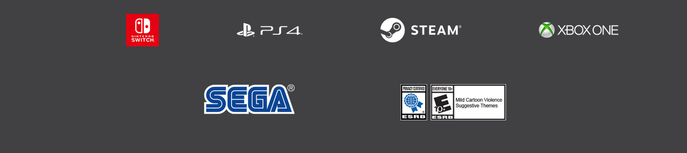 Logos for: Nintendo Switch, PlayStation 4, Steam, Xbox One, Seaga and ESRB Rating 10+