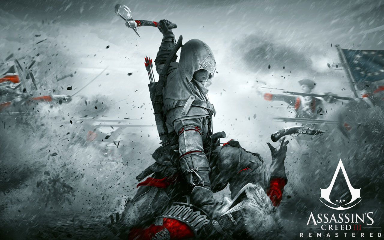 Assassins Creed III Remastered Banner showing connor assassinating a british soldier in between a colonial battle