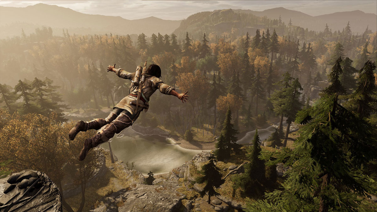connor taking the assassin's leap of faith over a forest