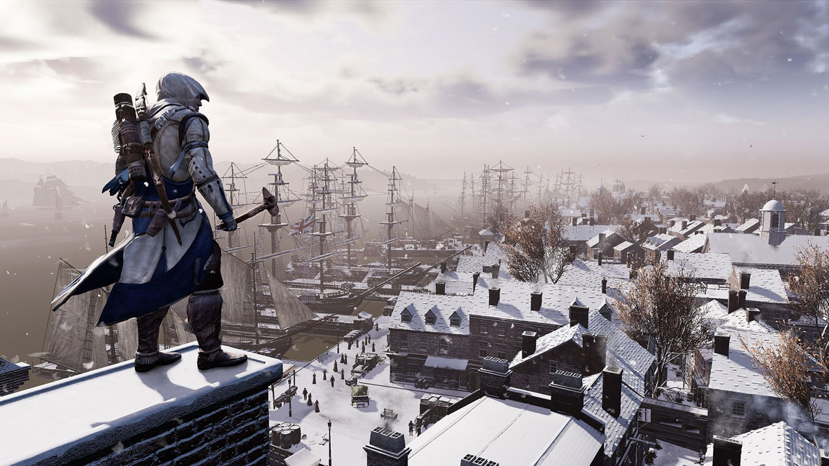 connor overlooking a snowy twon next to port full of ships